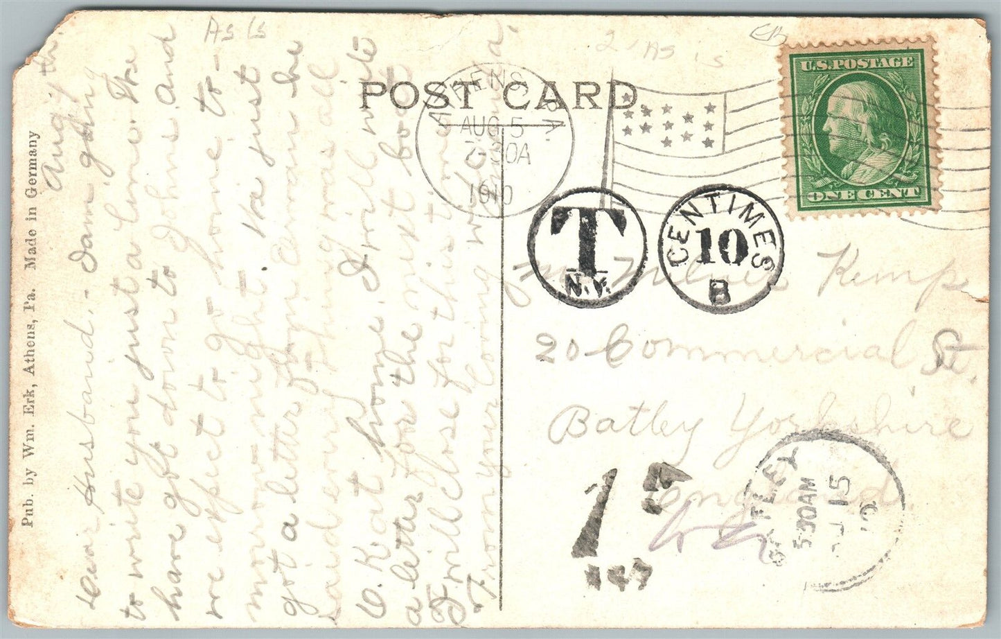 ATHENS PA NORTH MAIN STREET 1910 ANTIQUE POSTCARD w/ CORK CANCEL