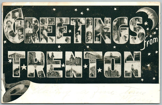 TRENTON NJ GREETINGS GIRLS CRESCENT MOON 1906 UNDIVIDED ANTIQUE POSTCARD