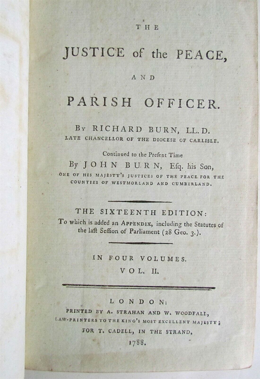 1788 4 VOLUMES JUSTICE of PEACE & PARISH OFFICER RUCHARD BURN LAW BOOKS ENGLISH