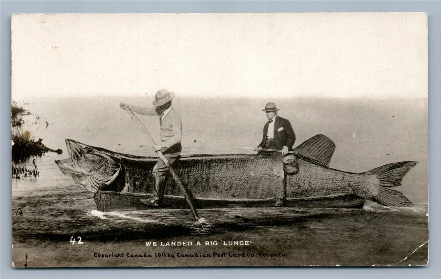 EXAGGERATED FISH CANADA ANTIQUE REAL PHOTO POSTCARD RPPC fishing