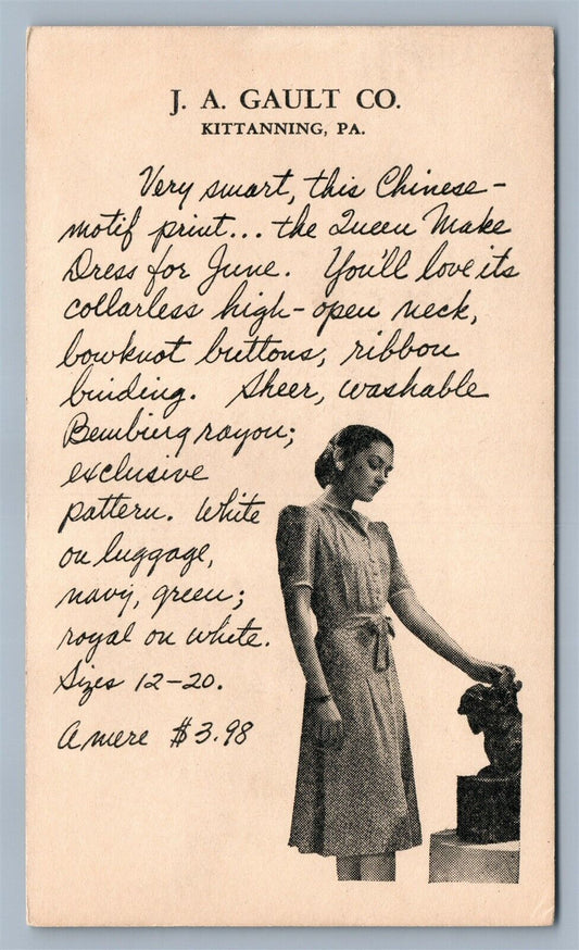 KITTANNING PA J.A. GAULT CO. ADVERTISING ANTIQUE POSTCARD