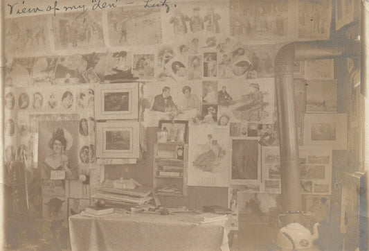 ROOM INTERIOR w/ PICTURES POSTERS ON WALL 1907 ANTIQUE REAL PHOTO POSTCARD RPPC