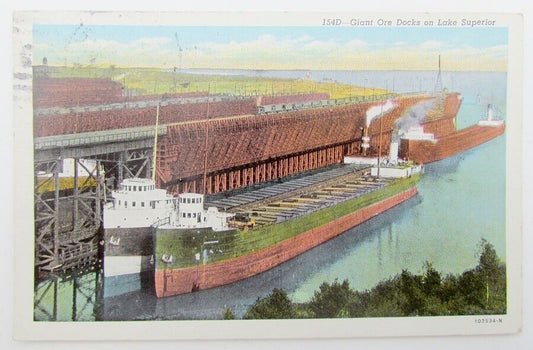 VINTAGE 1940s POSTCARD SHIP GIANT ORE DOCKS ON LAKE SUPERIOR