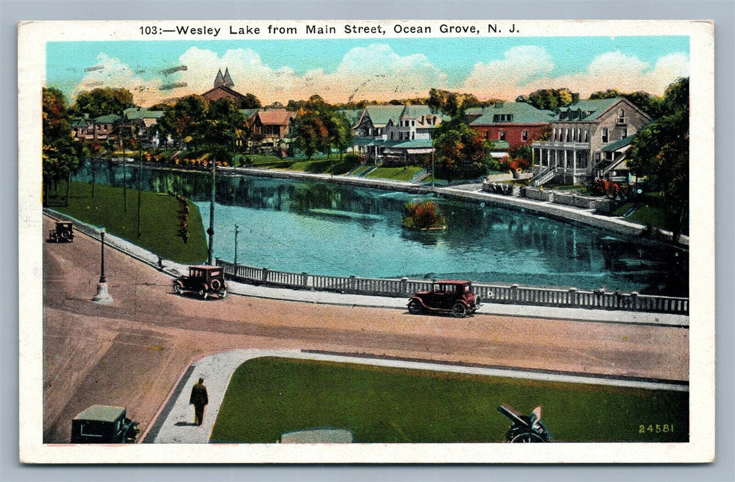 OCEAN GROVE NJ WESLEY LAKE FROM MAIN STREET ANTIQUE POSTCARD