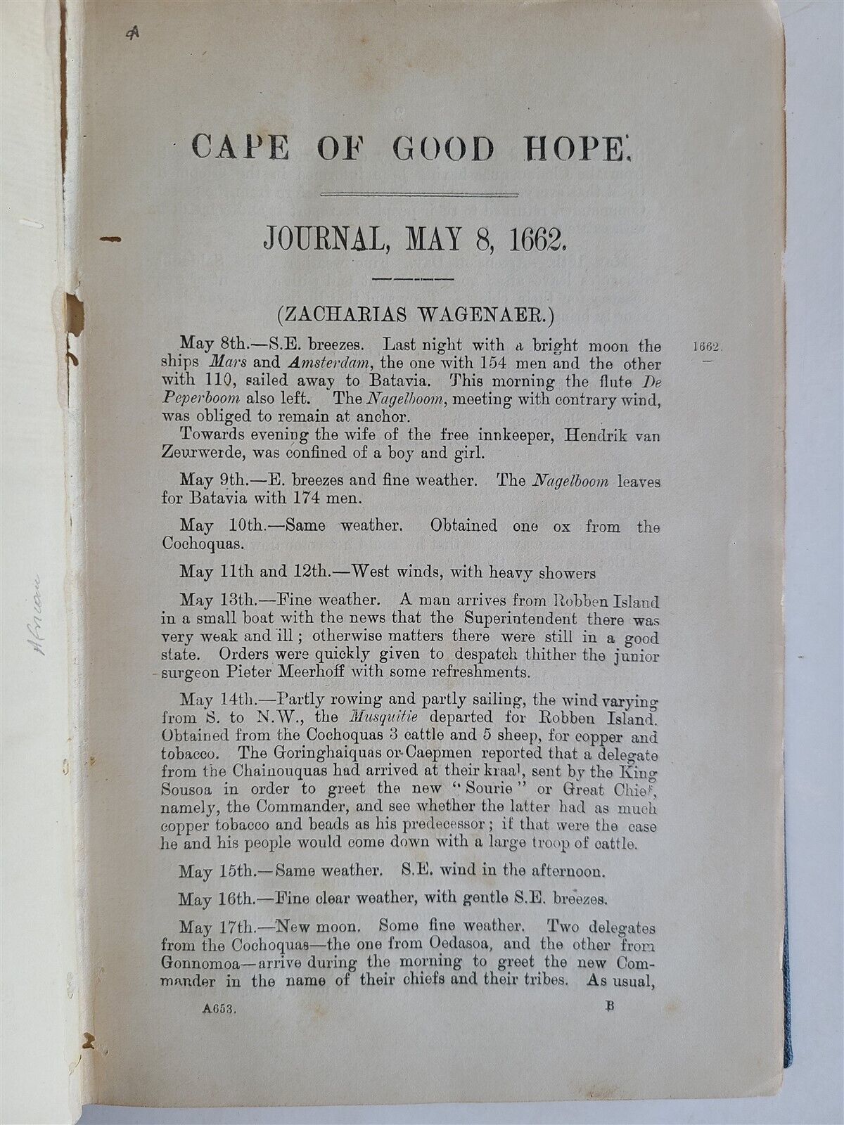 1901 PRECIS OF ARCHIVES of CAPE of GOOD HOPE JOURNAL 1662-1670 antique S.AFRICA