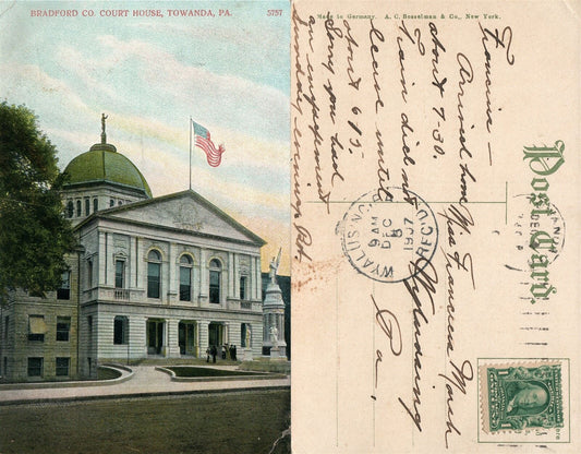 TOWANDA PA BRADFORD COUNTY COURT HOUSE 1907 ANTIQUE POSTCARD