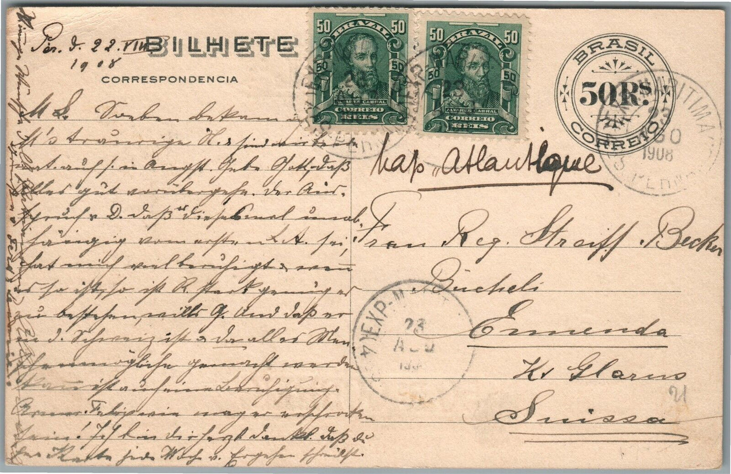 BRAZIL 50 CORREIO 1909 ANTIQUE POSTCARD w/ STAMPS