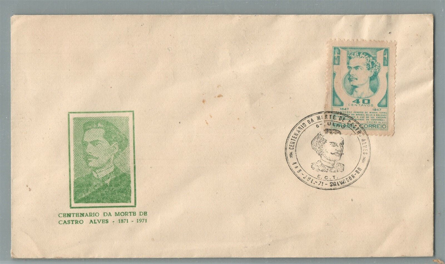 BRAZIL 1971 VINTAGE COVER w/ STAMP POET CASTRO ALVES COMMEMORATIVE CANCEL