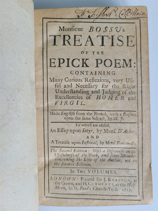 1719 MONSIEUR BOSSU'S TREATISE of the EPICK POEM antique in ENGLISH