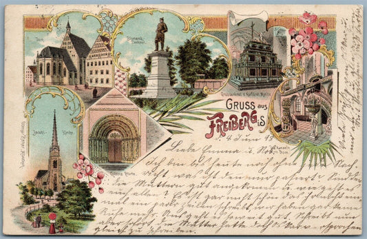 GRUSS AUS FREIBERG GERMANY to BROOKLYN USA UNDIVIDED 1898 ANTIQUE POSTCARD