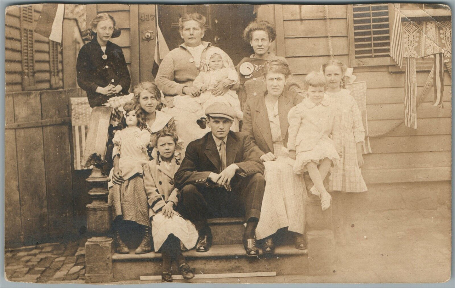 UTICA NY FAMILY w/ LARGE DOLL ANTIQUE REAL PHOTO POSTCARD RPPC