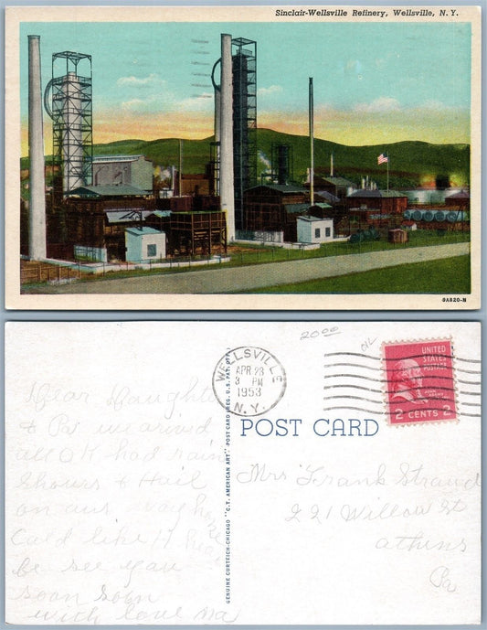 WELLSVILLE N.Y. SINCLAIR - WELLSVILLE REFINERY 1953 VINTAGE POSTCARD