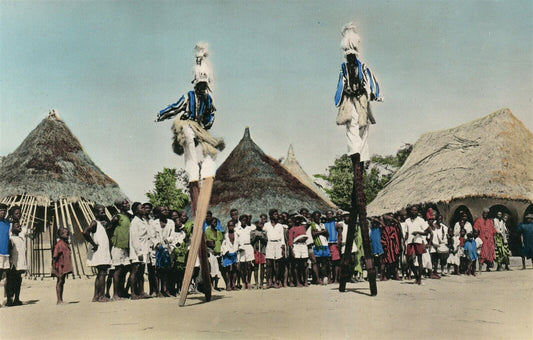 AFRICA SENEGAL DANCERS on STILTS VINTAGE HAND PAINTED REAL PHOTO POSTCARD RPPC