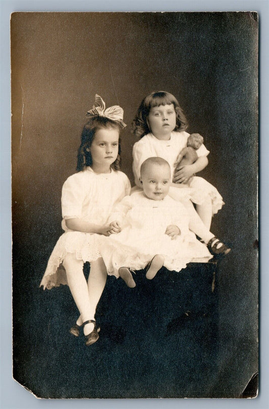 3 SISTERS w/ DOLL ANTIQUE REAL PHOTO POSTCARD RPPC