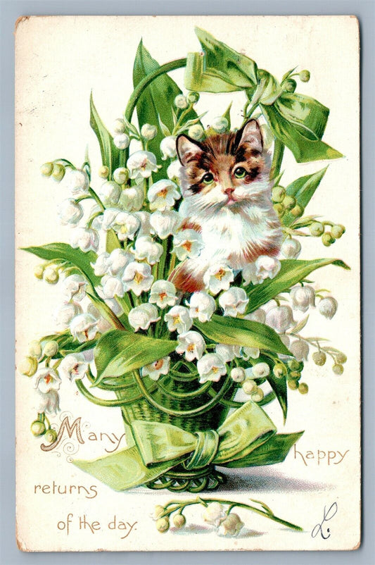 CAT w/ FLOWERS 1907 ANTIQUE POSTCARD