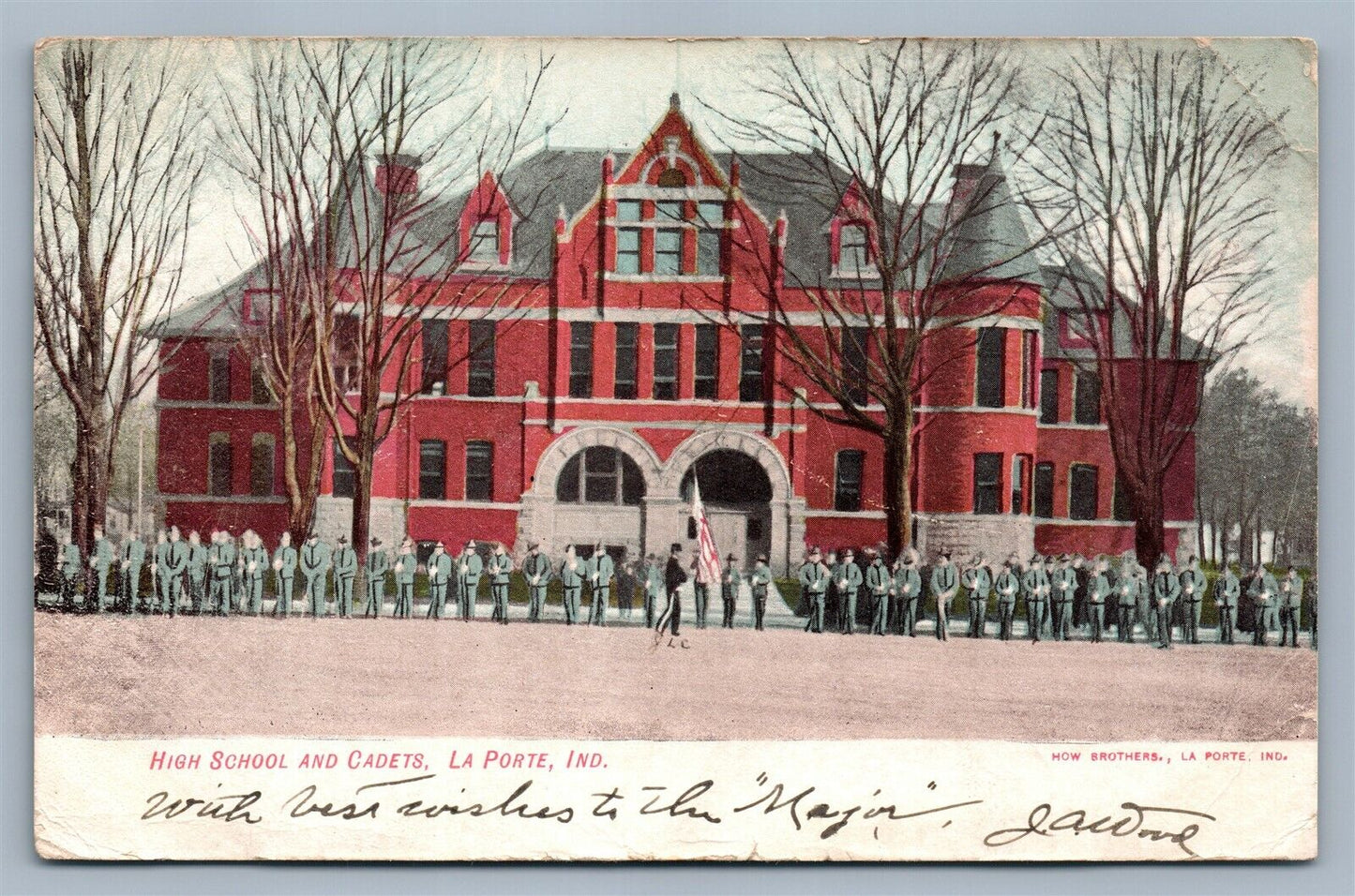 LA PORTE IND HIGH SCHOOL & CADETS 1907 ANTIQUE POSTCARD