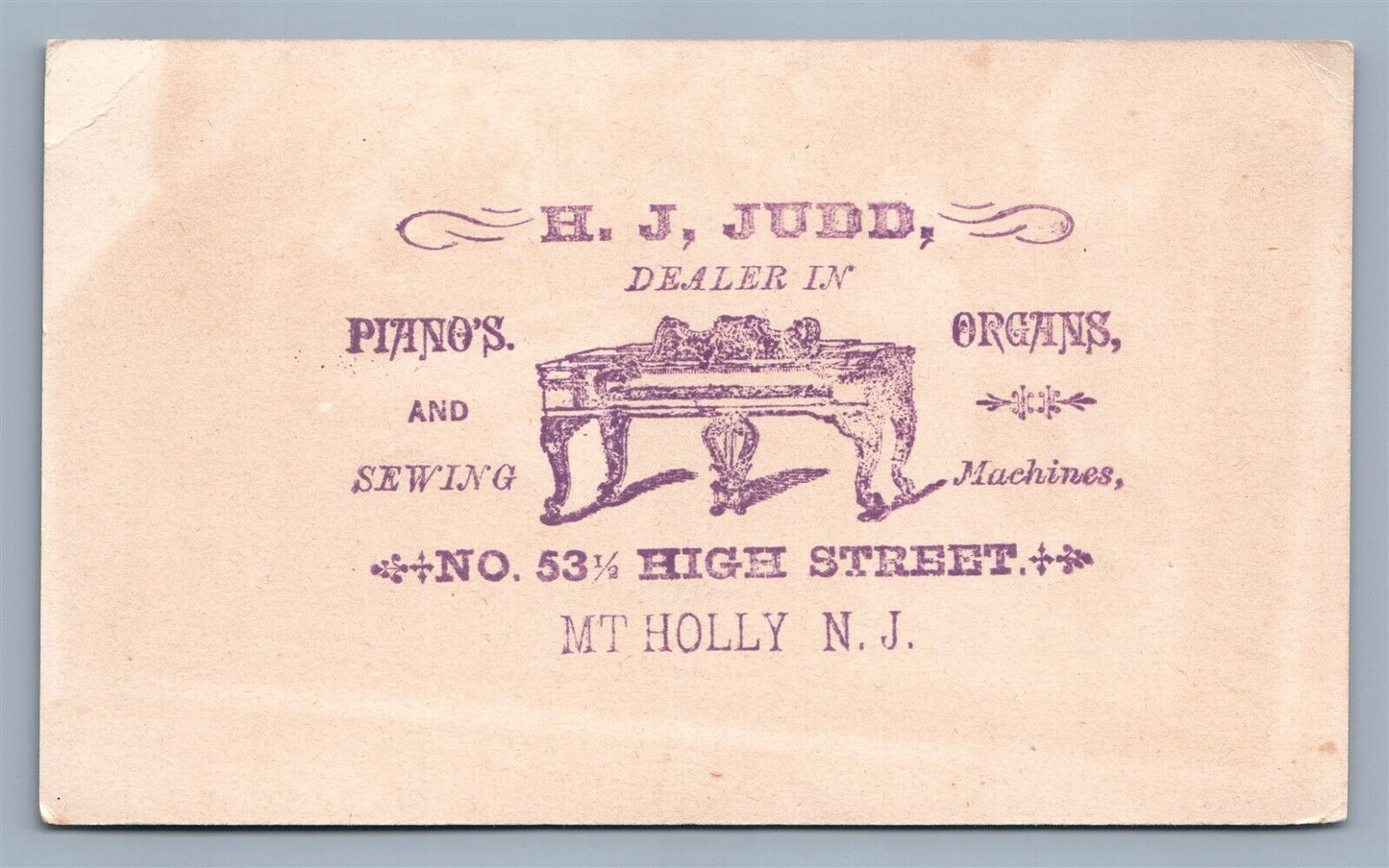 MT.HOLLY NJ ANTIQUE VICTORIAN TRADE CARD JUDD PIANOS SEWING MACHINES ADVERTISING