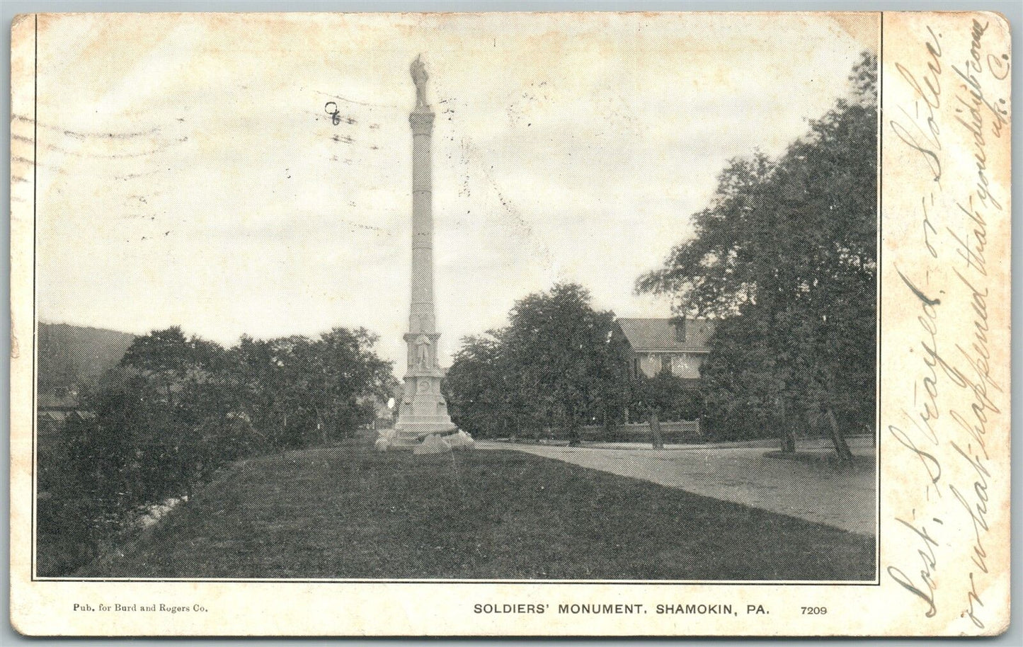 SHAMOKIN PA SOLDIER'S MONUMENT 1907 UNDIVIDED ANTIQUE POSTCARD
