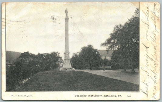 SHAMOKIN PA SOLDIER'S MONUMENT 1907 UNDIVIDED ANTIQUE POSTCARD