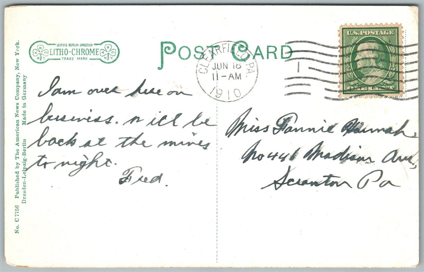 CLEARFIELD PA PRESBYTERIAN CHURCH 1910 ANTIQUE POSTCARD