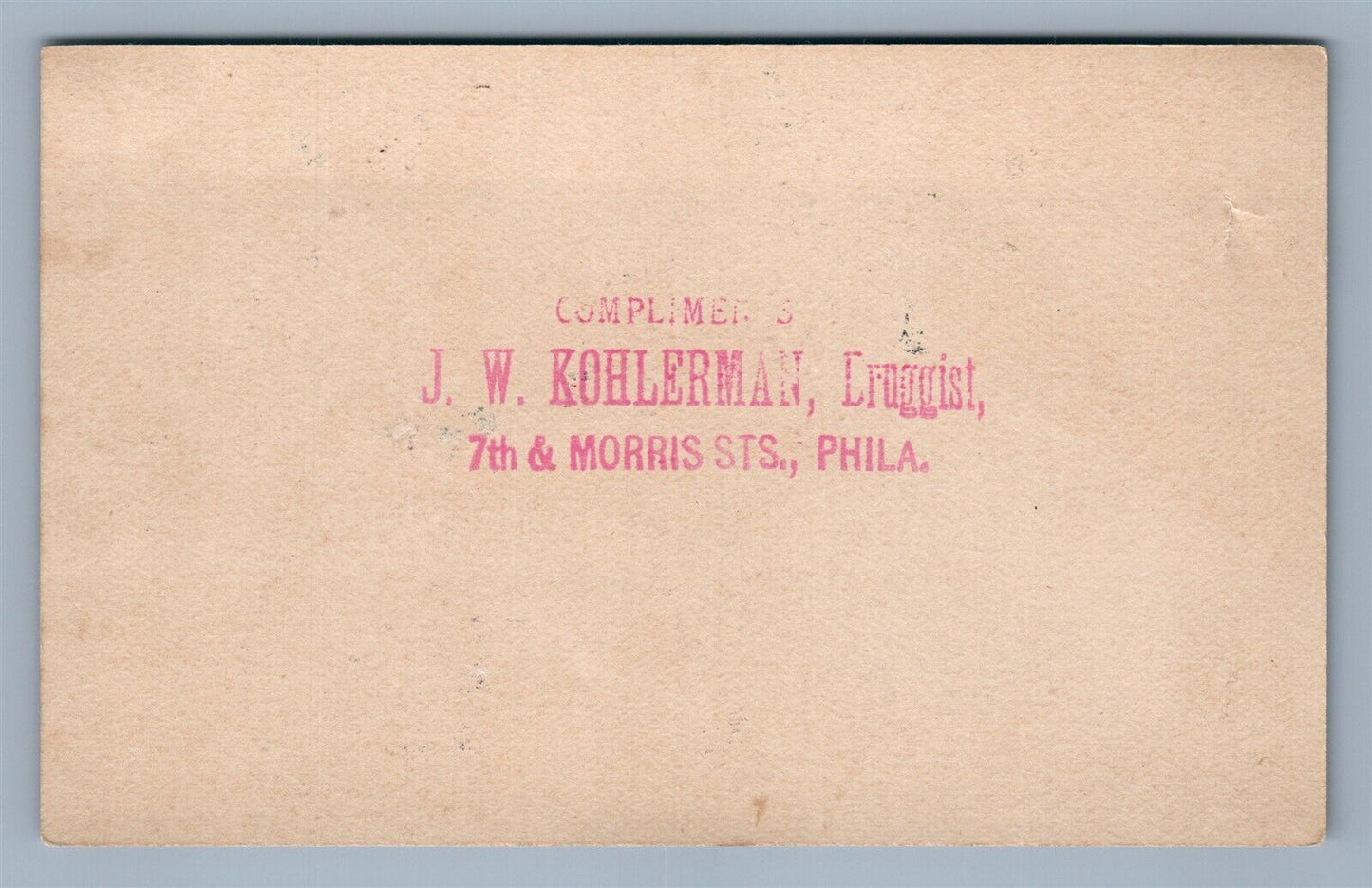 PHILADELPHIA PA ANTIQUE VICTORIAN TRADE CARD KOHLERMAN DRAGGIST ADVERTISING