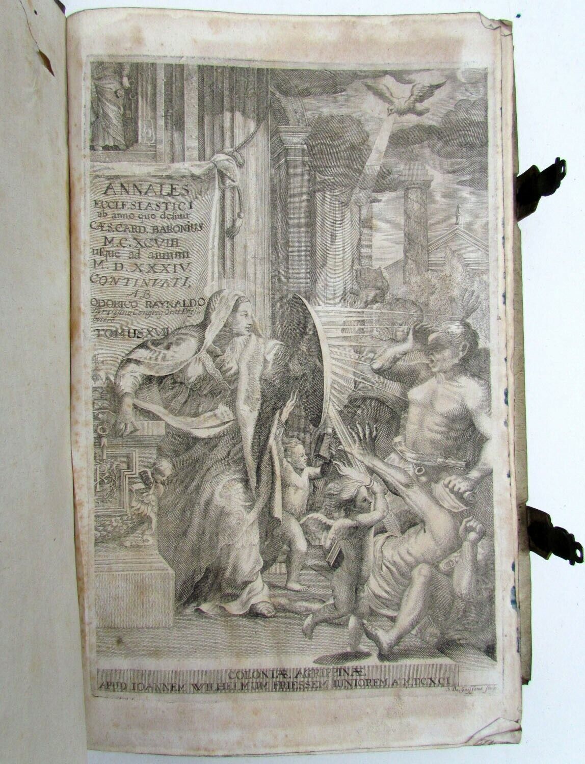 1693 BLIND-STAMPED PIGSKIN OVER WOODEN BOARDS FOLIO ANNALES ECCLESIASTICI