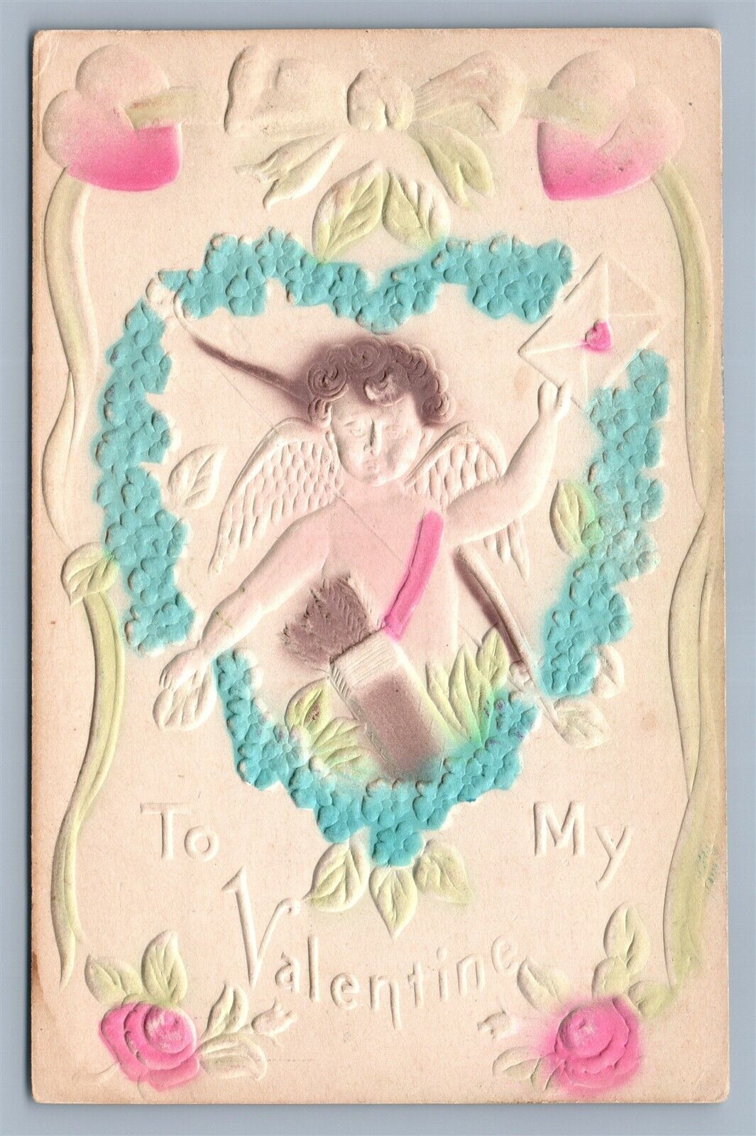 VALENTINE EMBOSSED ANTIQUE POSTCARD CUPID w/ LETTERS