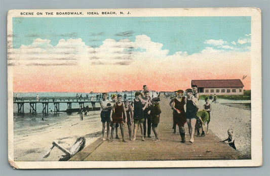 IDEAL BEACH NJ SCENE ON THE BOARDWALK ANTIQUE POSTCARD