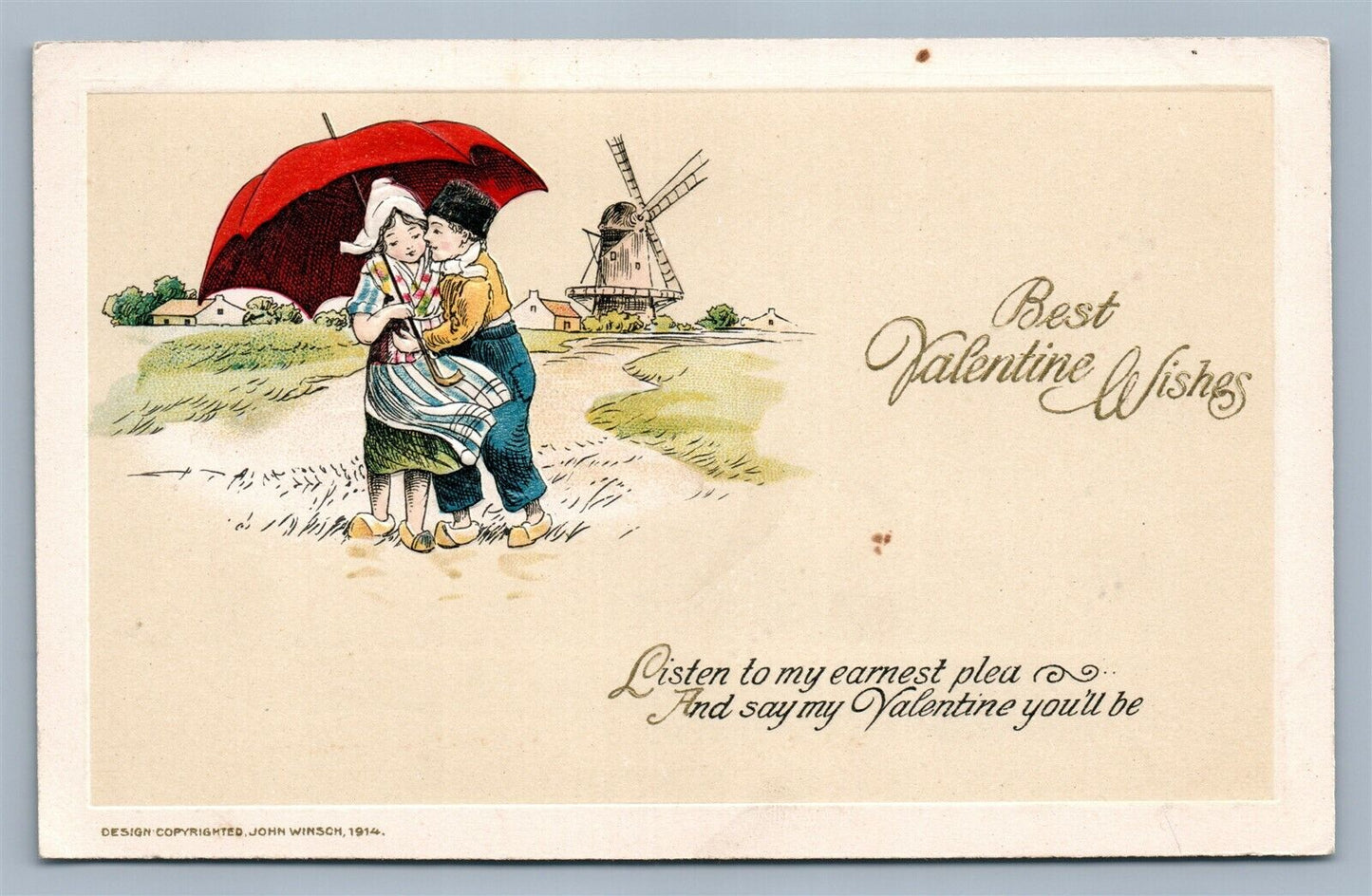 VALENTINE WISHES 1914 EMBOSSED ANTIQUE POSTCARD by JOHN WINSCH series 65648