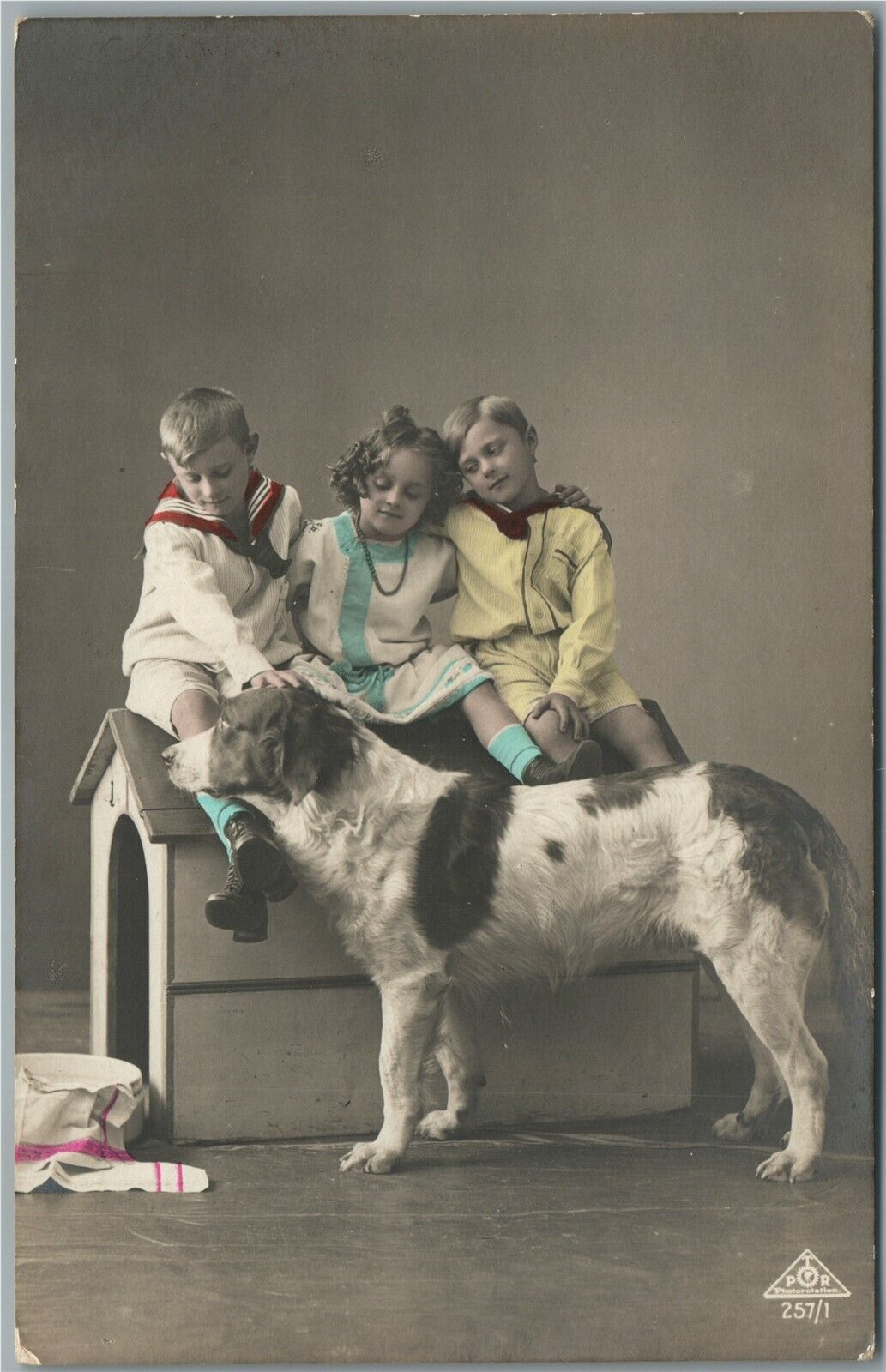 KIDS w/ LARGE DOG ANTIQUE REAL PHOTO POSTCARD RPPC