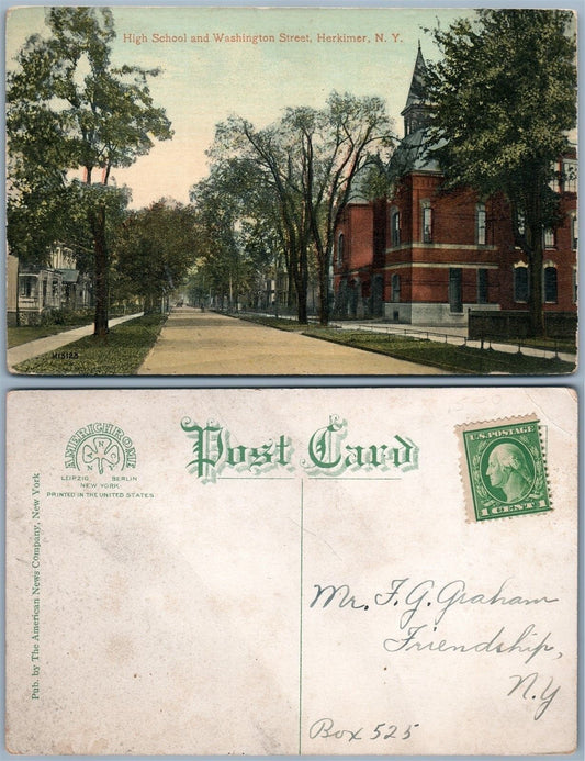 HERKIMER N.Y. HIGH SCHOOL & WASHINGTON STREET ANTIQUE POSTCARD