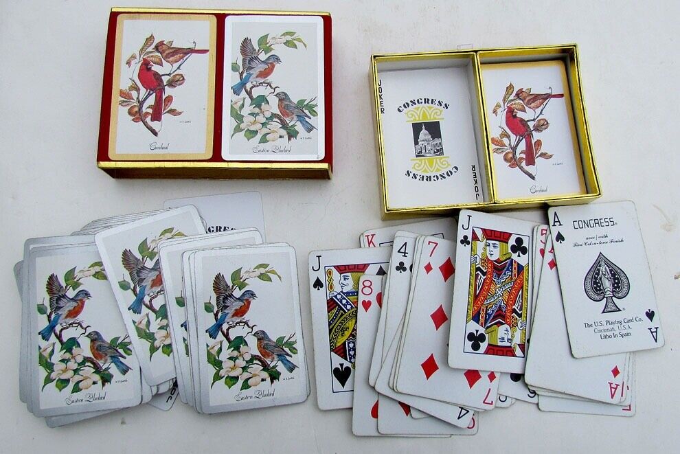 VINTAGE DOUBLE DECK OF CONGRESS PLAYING CARDS w/ BOX - BIRDS BACK DESIGN