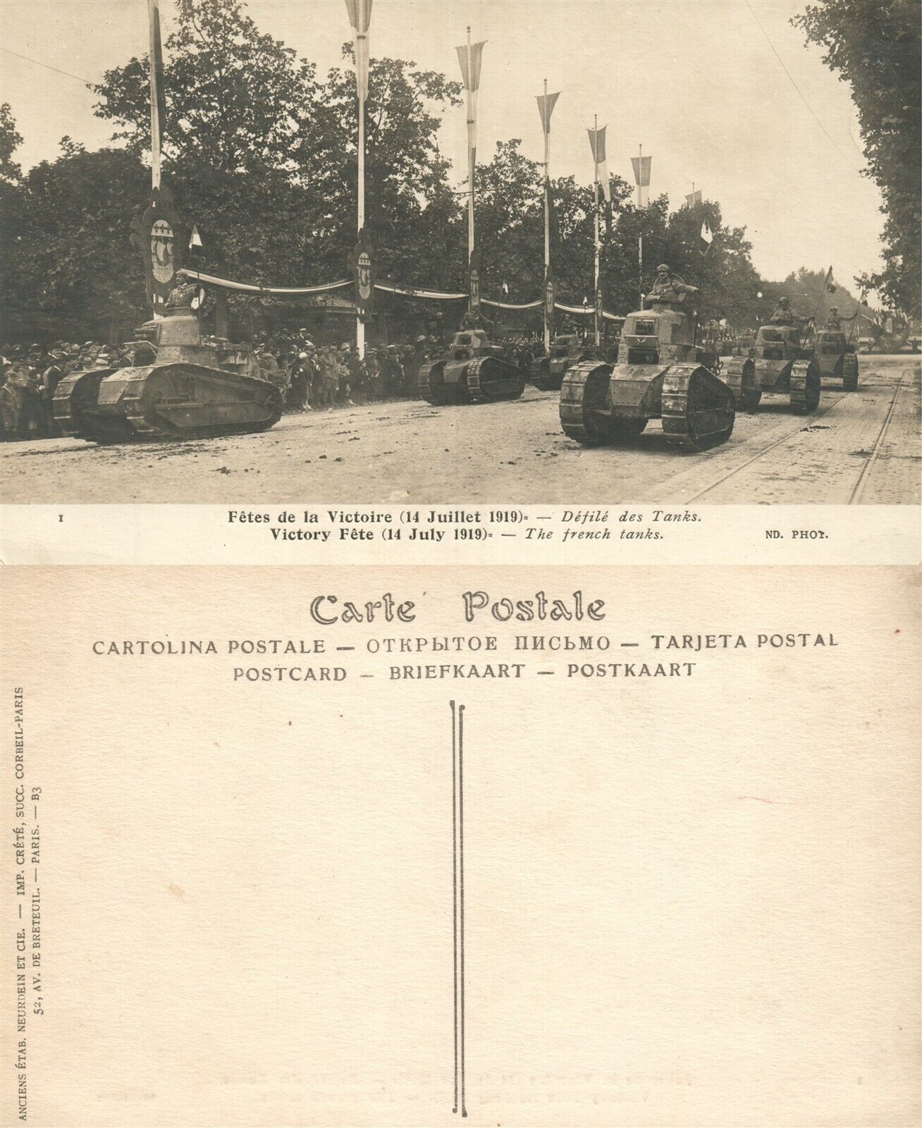 TANKS AT WWI VICTORY PARADE IN FRANCE REAL PHOTO POSTCARD ANTIQUE RPPC