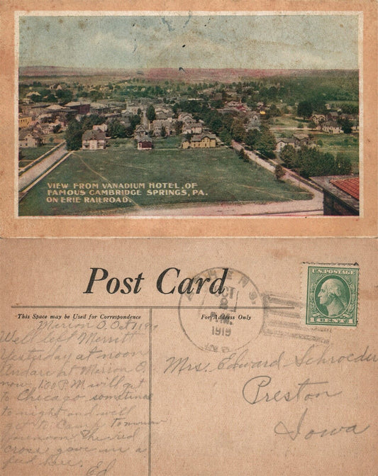 CAMBRIDGE SPRINGS PA VANADIUM HOTEL ON ERIE RAILROAD 1919 ANTIQUE POSTCARD