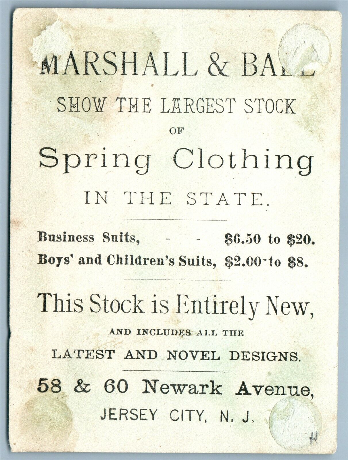 JERSEY CITY NJ MARSHALL & BALL CLOTHING ANTIQUE ADVERTISING VICTORIAN TRADE CARD