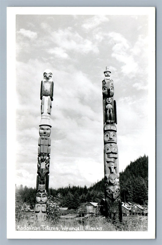 AMERICAN INDIAN KADASHAN TOTEMS WRANGELL AK VINTAGE REAL PHOTO POSTCARD RPPC