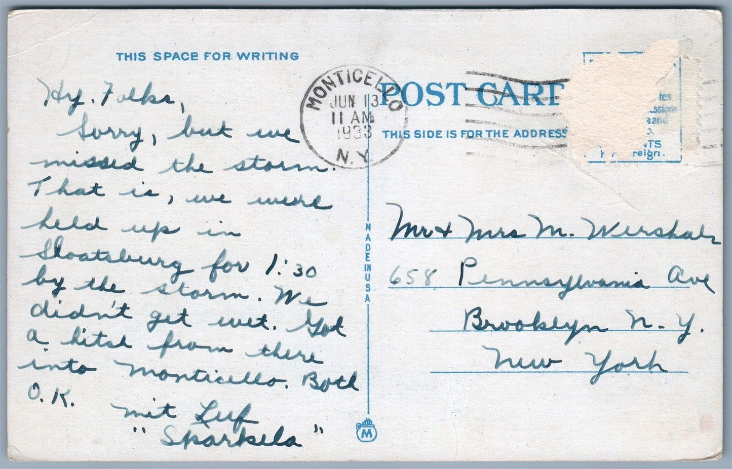 MONTICELLO SULLIVAN CO. NY WEST BROADWAY NEAR FIRE HOUSE 1933 ANTIQUE POSTCARD