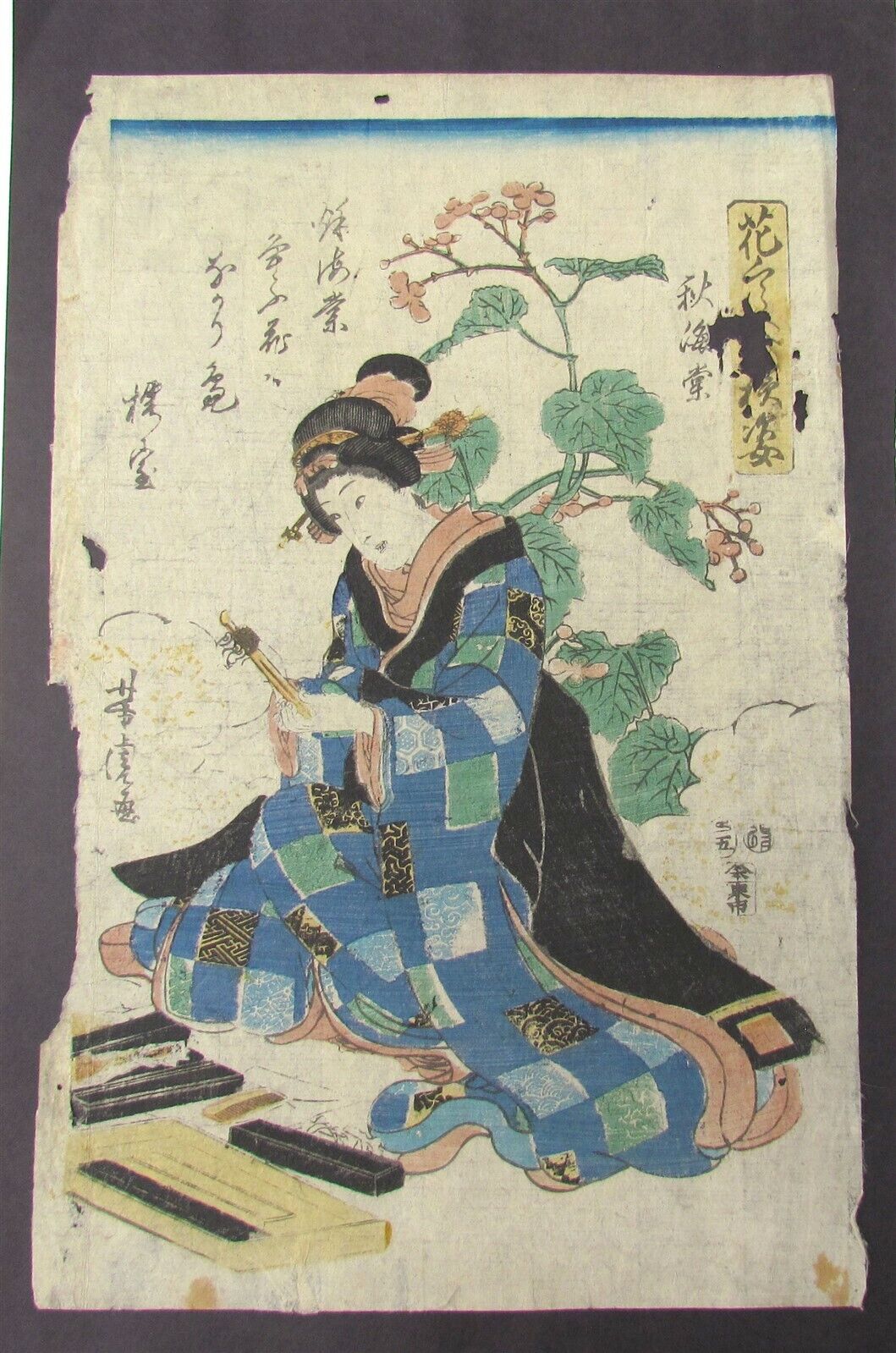 JAPANESE WOODBLOCK PRINT antique GEISHA in the GARDEN