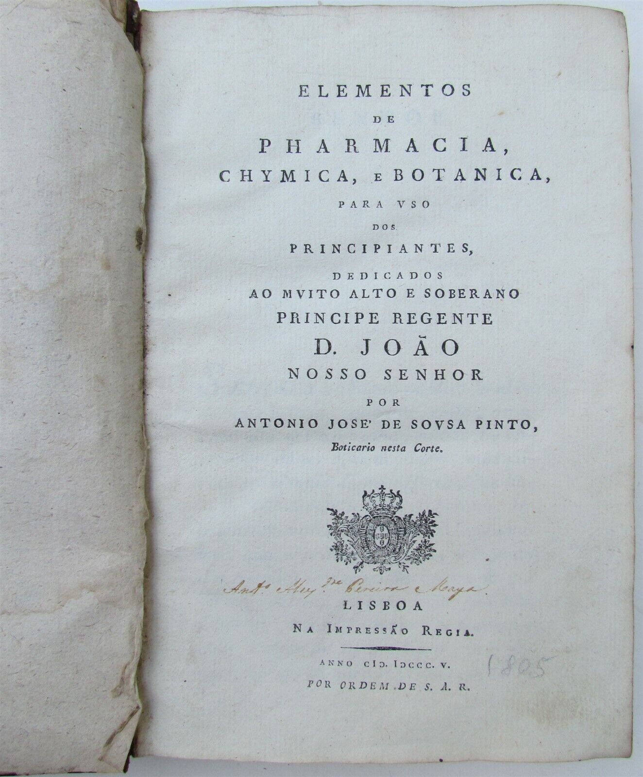 1805 MEDICAL BOOK in PORTUGUESE ELEMENTOS DE PHARMACIA CHYMICA E BOTANICA