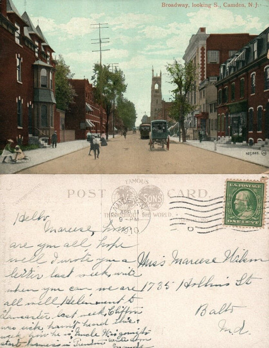CAMDEN N.J. BROADWAY 1910 ANTIQUE POSTCARD
