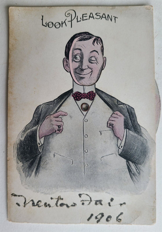 MAN w/ SPINNING CHANGING FACES ANTIQUE POSTCARD 1906