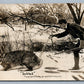 EXAGGERATED RABBIT HUNTING ANTIQUE REAL PHOTO POSTCARD RPPC w/ CORK CANCEL