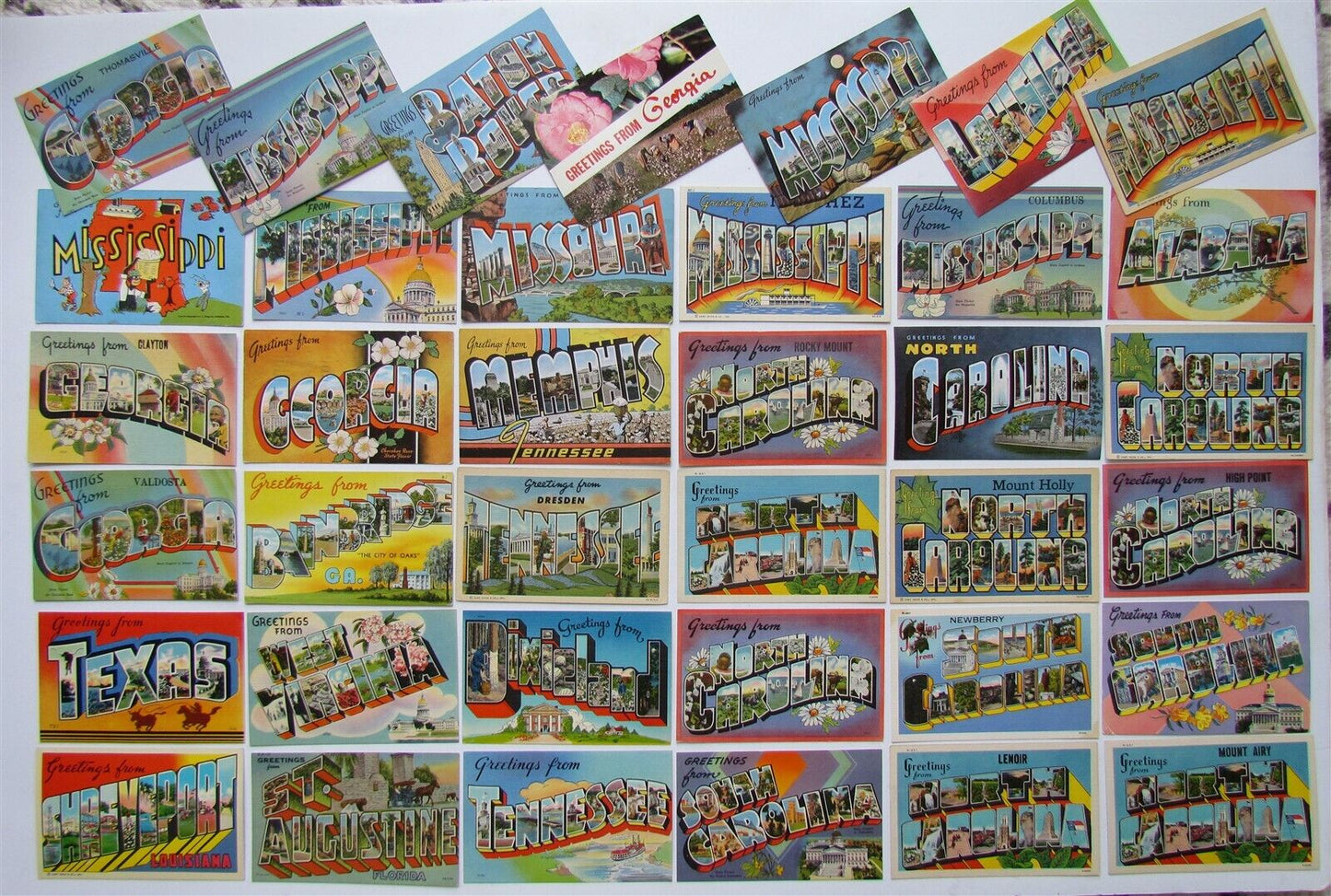 LOT of 37 VINTAGE GREETINGS POSTCARDS TX AL NC SC GA MO MS TN