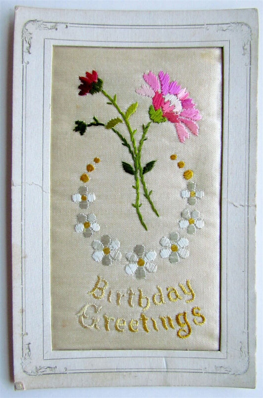 EMBROIDERED ON SILK ANTIQUE POSTCARD BIRTHDAY GREETINGS