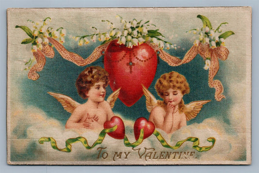 VALENTINE ANTIQUE EMBOSSED POSTCARD on SILK CUPIDS COUPLE