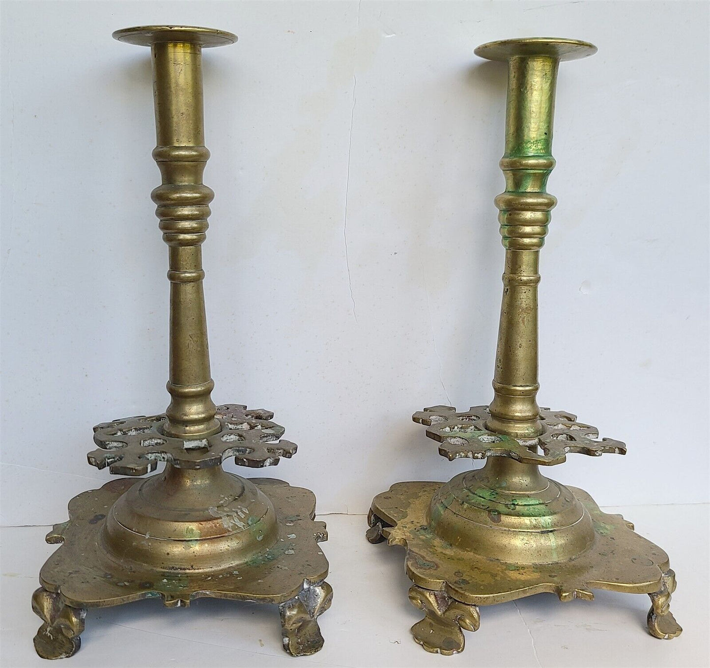 17th century RUSSIAN BRONZE PAIR of CANDLESTICKS antique RARE