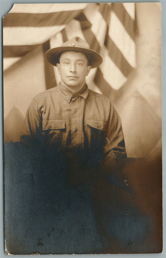 US SOLDIER w/ AMERICAN FLAG ANTIQUE REAL PHOTO POSTCARD RPPC