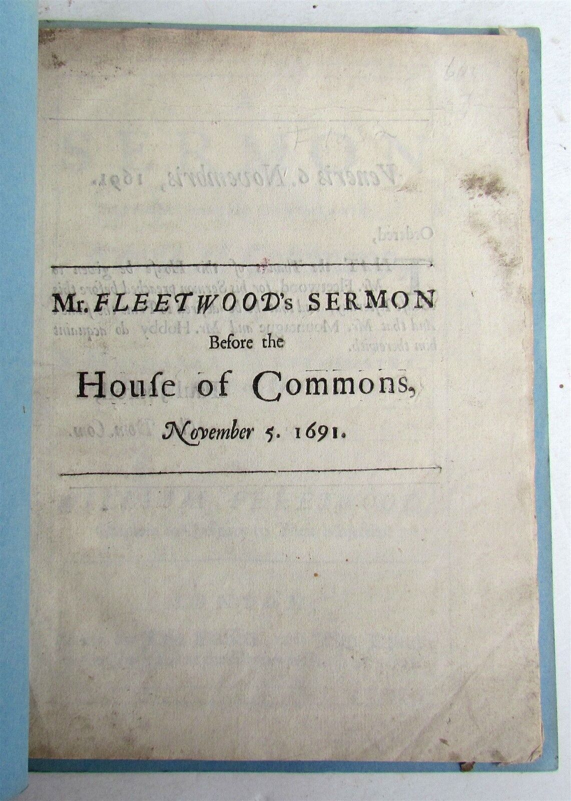 1691 Mr. FLEETWOOD SERMON PREACHED before HOUSE of COMMONS antique in ENGLISH