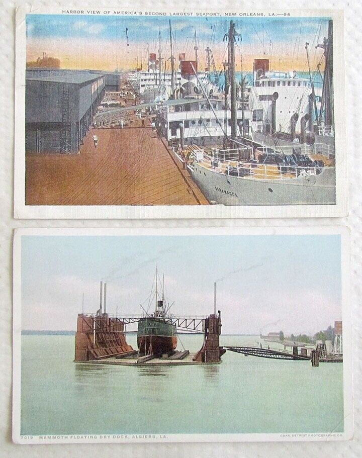 LOT OF 2 ANTIQUE POSTCARDS - NEW ORLEANS LA HARBOR SHIPS