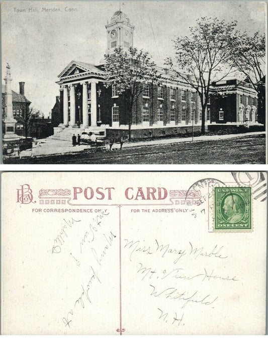 TOWN HALL MERIDEN CONN. ANTIQUE POSTCARD CORK CANCEL